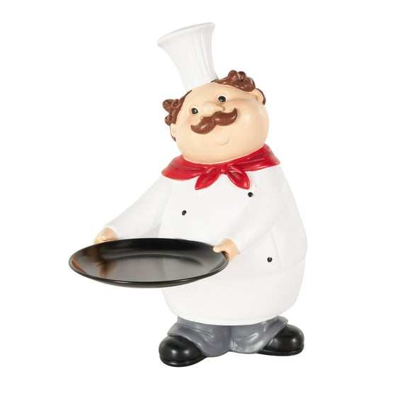 11" x 13" White Polystone Kitchen Decorative Figurine Chef Sculpture with Black Tray, by DecMode
