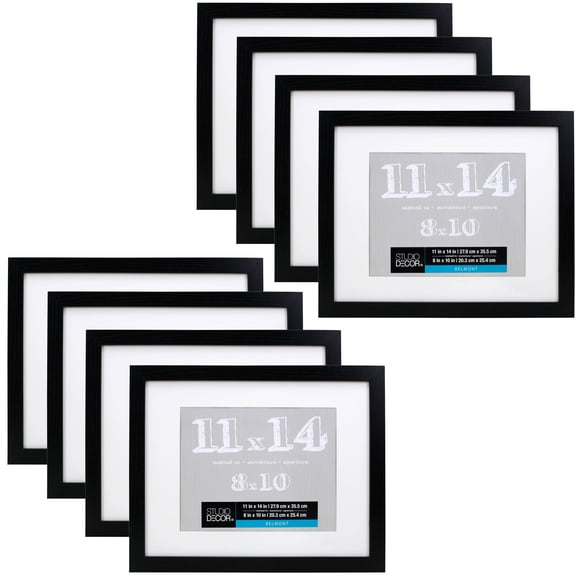 Studio Decor 11" x 14" Black Belmont Picture Frame with 8" x 10" Mat - Pre-attached Hanging Hardware, Horizontal or Vertical Display - MDF, Bulk 8 Pack