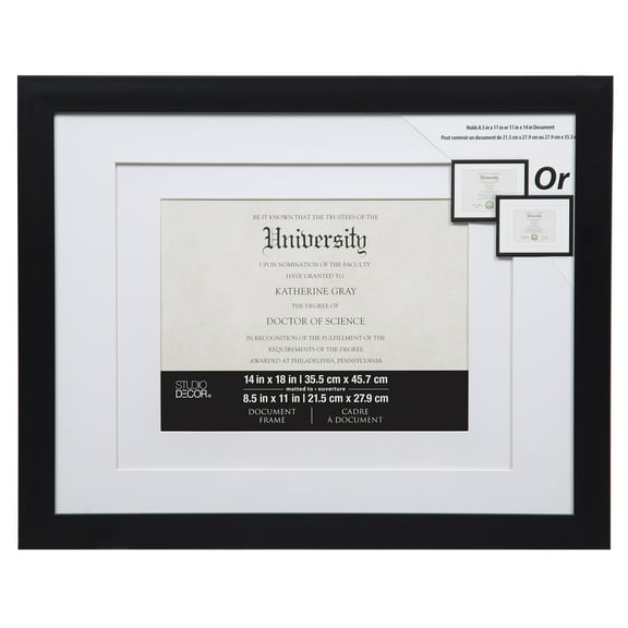 11" x 14" Black Double Mat Document Picture Frame by Studio Decor - Display Diplomas - Certificates - Document Picture Frames - Includes Hanging Hardware - 1 Pack