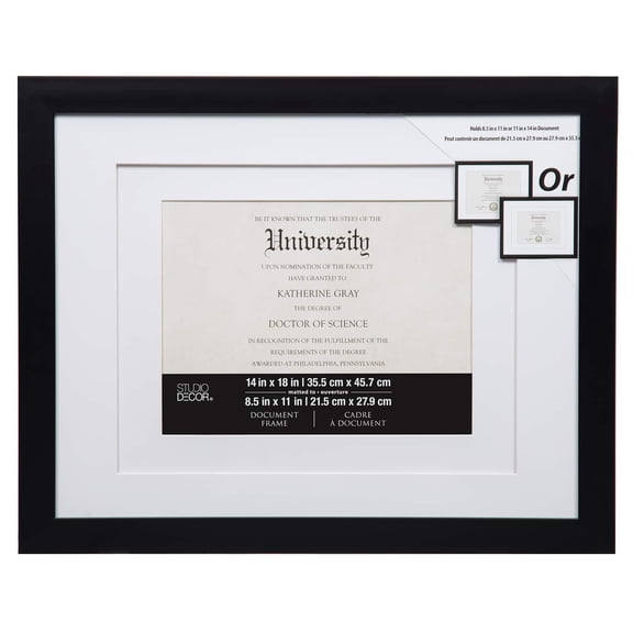 Studio Decor 11" x 14" Black Double Mat Document Picture Frame - Display Diplomas, Certificates, Document Picture Frames - Includes Hanging Hardware - 1 Pack
