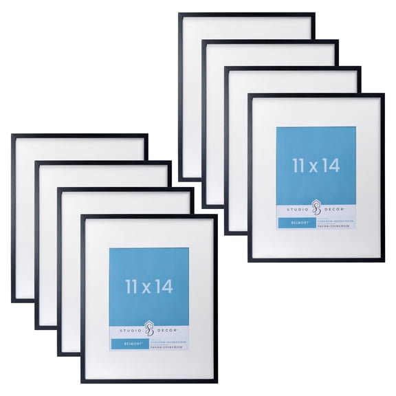 Studio Decor 11" x 14" Black Narrow Belmont Frames with Mat - Rustic MDF Frames with White Mat & Glass/Styrene Fronts, Horizontal or Vertical Display, 8 Pack
