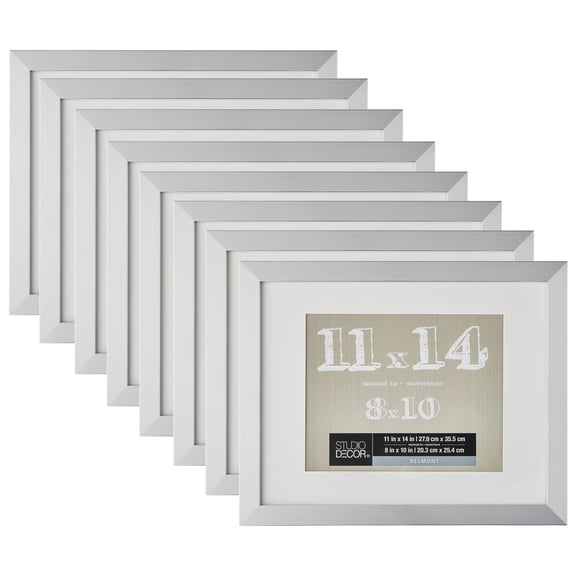 Studio Decor 11" x 14" Silver Belmont Picture Frame with 8" x 10" Mat - Pre-attached Hanging Hardware, Horizontal or Vertical Display - MDF, Bulk 8 Pack