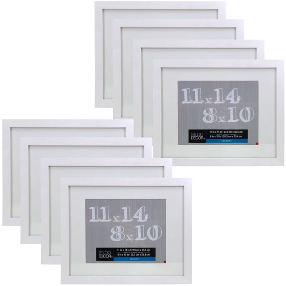 Studio Decor 11" x 14" White Belmont Picture Frame with 8" x 10" Mat - Pre-attached Hanging Hardware, Horizontal or Vertical Display - MDF, Bulk 8 Pack