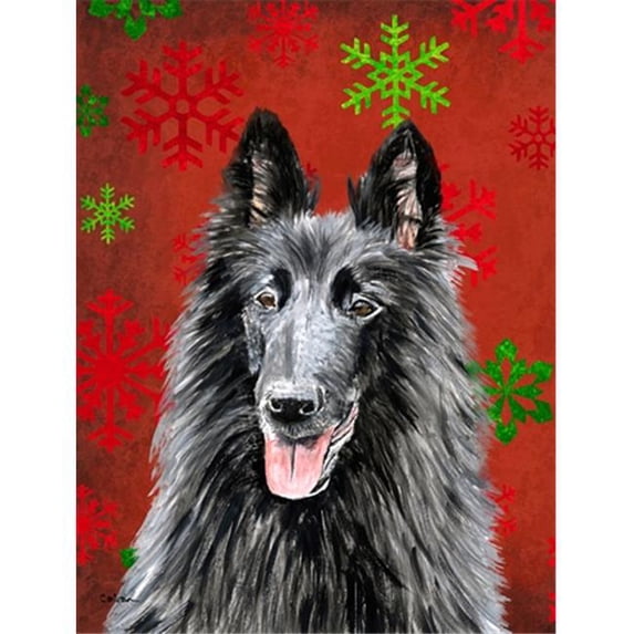 11 x 15 In. Belgian Sheepdog Red And Green Snowflakes Holiday Christmas Flag, Garden Size