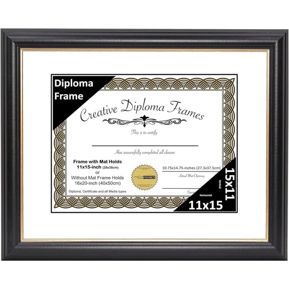 11" x 15" Rockefeller Black with Gold Rim Diploma Frame, Displays 11" x 15" Certificate or 16" x 20" Document without Mat, College Degree Frame, Full-Strength Glass, White Mat
