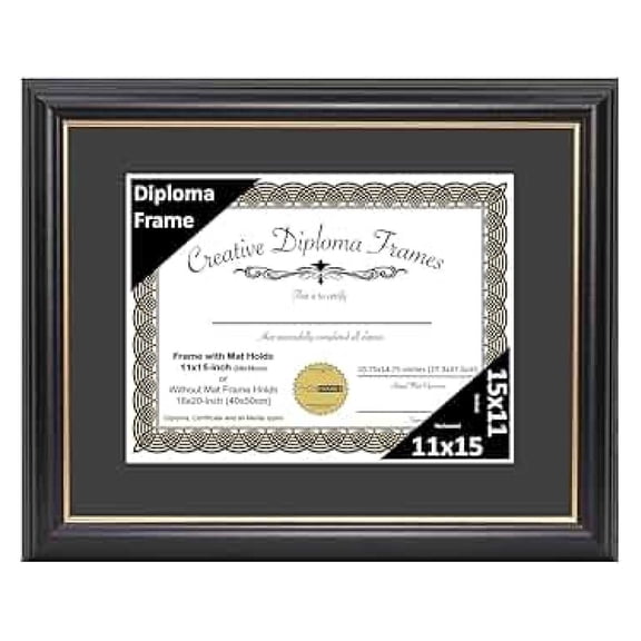 11" x 15" Rockefeller Black with Rim Diploma Frame, Displays 11" x 15" Certificate or 16" x 20" Document without Mat, Degree Frame, Full-Strength Glass, Black Mat