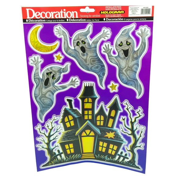 11 in x 16 in Hologram Halloween Window Decorations, Peel, Stick Panel with Bats, Ghosts, Pumpkins, Skulls, Fun Spooky Holiday Décor for Windows, Parties, Home, Classroom, Any Occasions