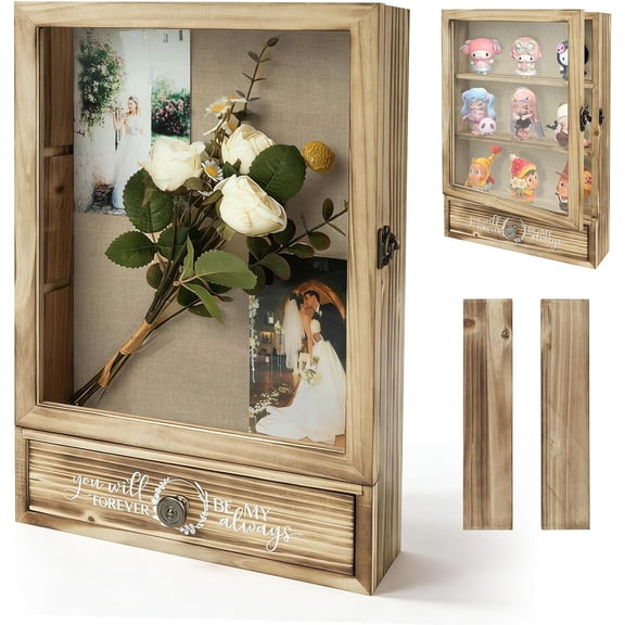11" x 16" Shadow Box Display Case & Frame - Wooden Wedding with High-Definition Glass, Removable Shelves, Drawer and Linen Lining, for Preserving Photos, Flowers Keepsakes