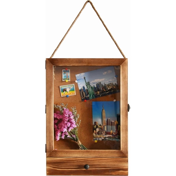 11 x 16 Shadow Box Frame w/ Drawer with Cork Back, Rustic Brown Wood with Polished Glass for Wall and Tabletop, Sturdy Memory Display Case, Display Pictures, Collections, Medals, Bouquet