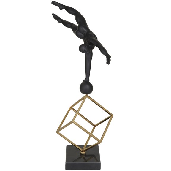 11" x 17" Black Marble Gymnast Sculpture with Gold Cube Base, by DecMode