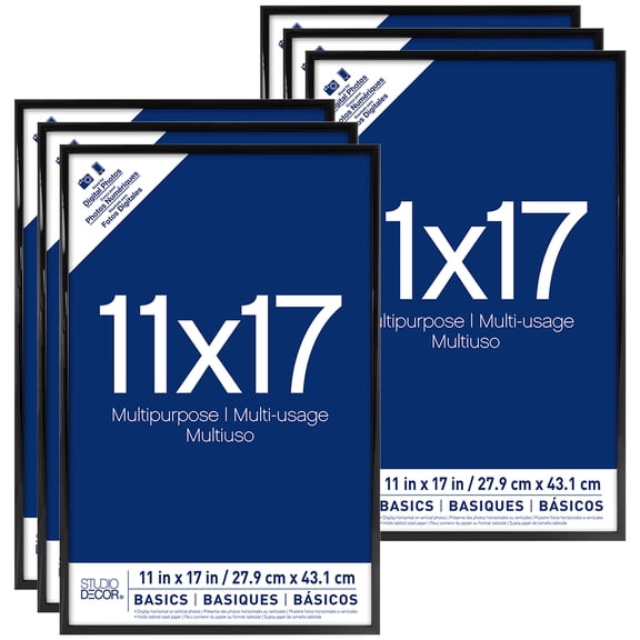 Studio Decor 11" x 17" Black Multipurpose Frames - Simple PVC & Glass Picture Frames for Photos, Certificates & Art, Wall or Tabletop Display, 6 Pack