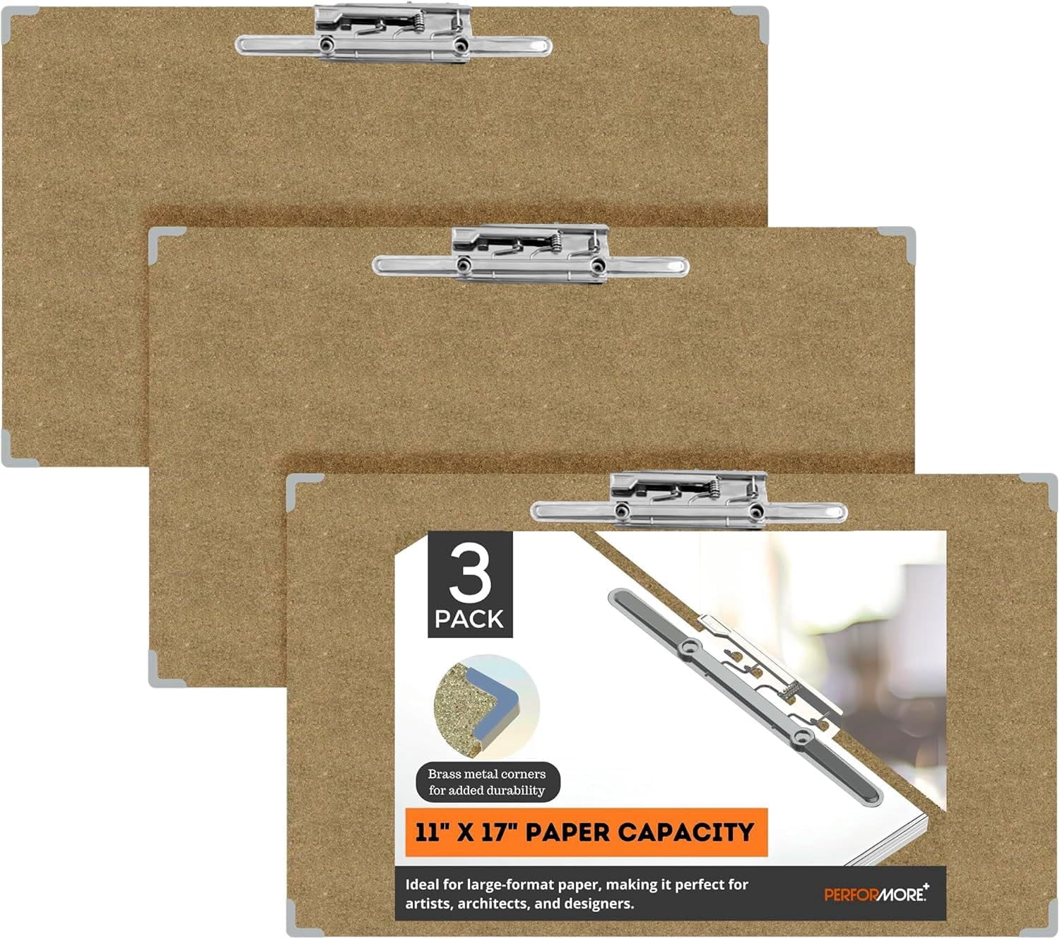 Performore 11x17 Eco Drafting Clipboard | Hardboard | Lever Clip | 3-Pack