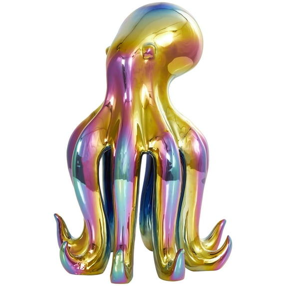 11" x 17" Multi Colored Ceramic Tall Standing Octopus Sculpture with Rainbow Shimmer Finish, by DecMode