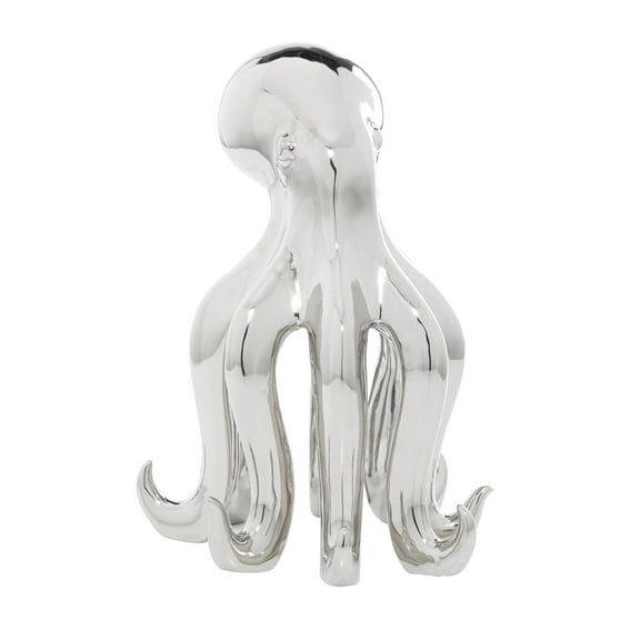 11" x 17" Silver Porcelain Ceramic Tall Octopus Sculpture with Long Tentacles, by DecMode