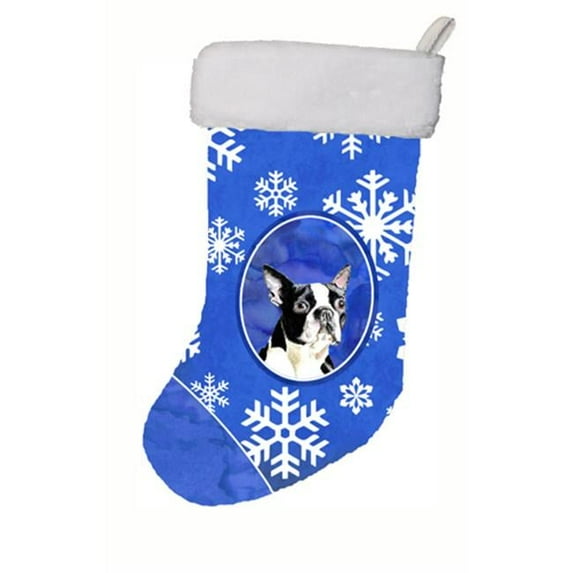 11 x 18 in. Boston Terrier Winter Snowflakes Christmas Stocking