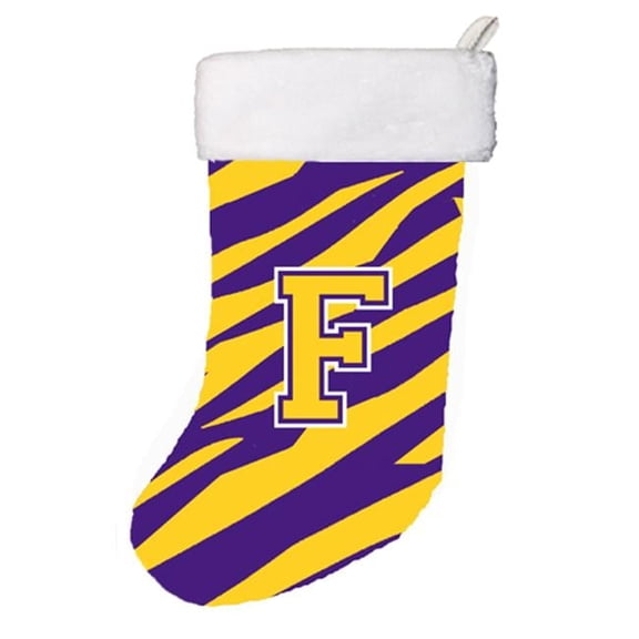 11 x 18 in. Tiger Stripe - Purple Gold Initial F Monogram Initial Christmas Stocking