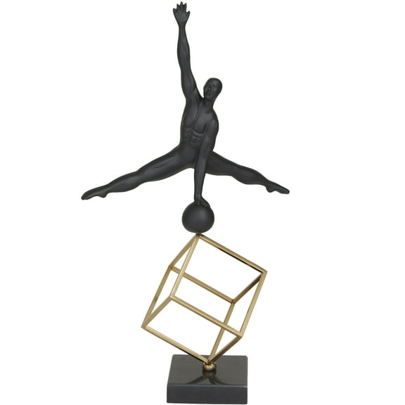 11" x 19" Black Marble Gymnast Sculpture with Gold Cube Base, by DecMode