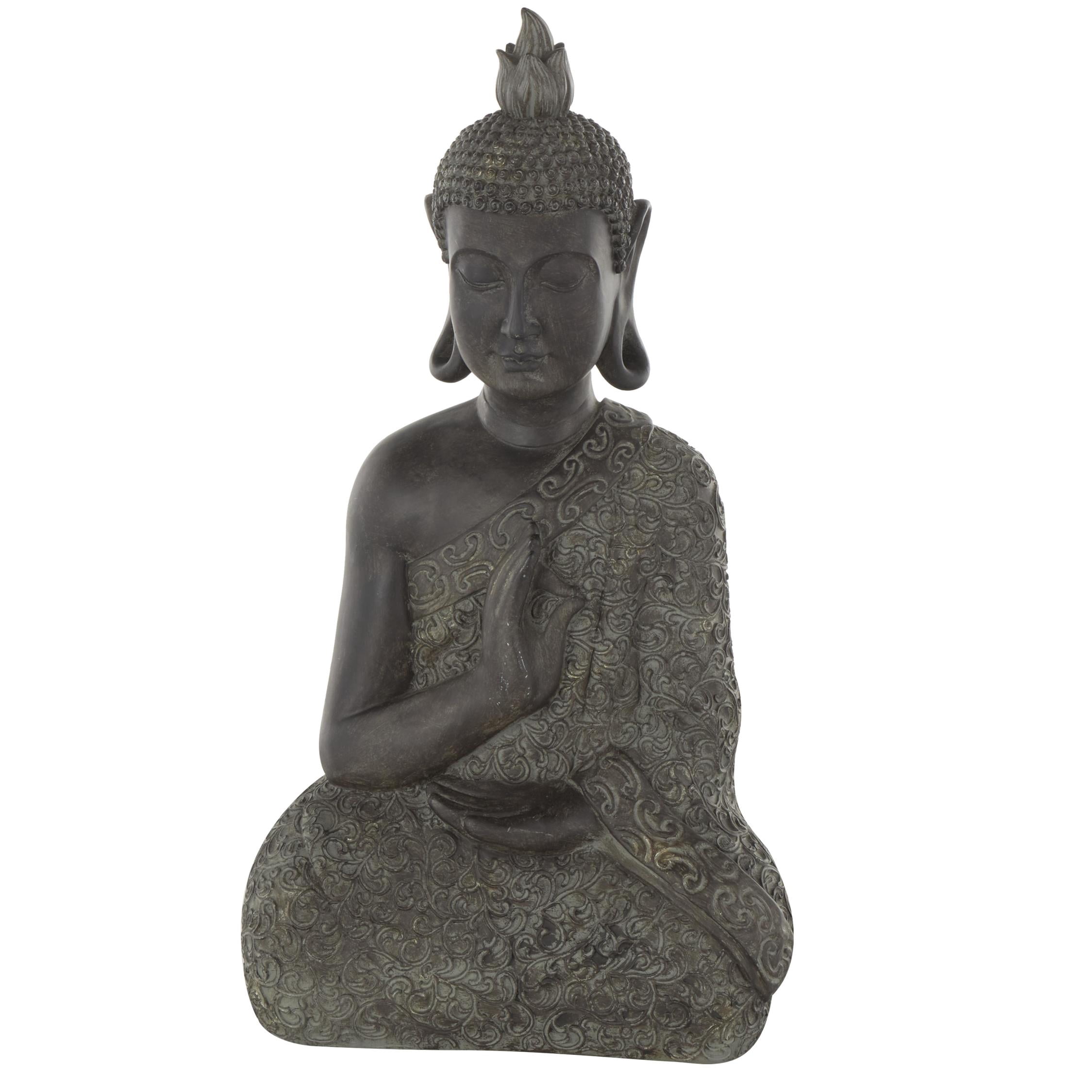11" x 21" Brown Polystone Meditating Buddha Sculpture with Engraved Carvings and Relief Details, by DecMode