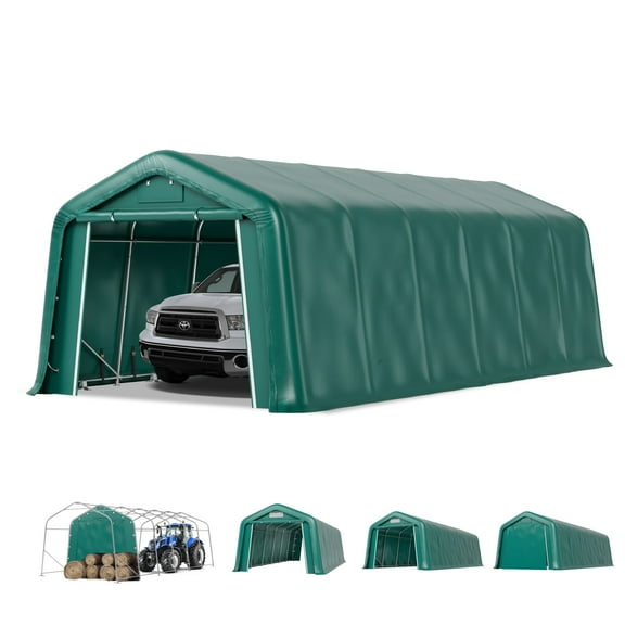 11 x 24 x 8.4 FT Green Outdoor Portable Storage Shed, Steel Peak Style Canopy Carport, All-Weather Agricultural Outdoor Storage Shelter Tent