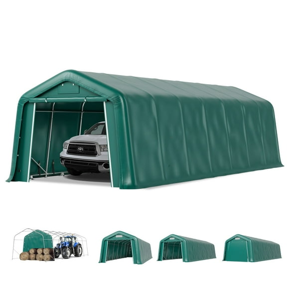 11 x 28 x 8.4 FT Green Outdoor Portable Storage Shed, Steel Peak Style Canopy Carport, All-Weather Agricultural Outdoor Storage Shelter Tent