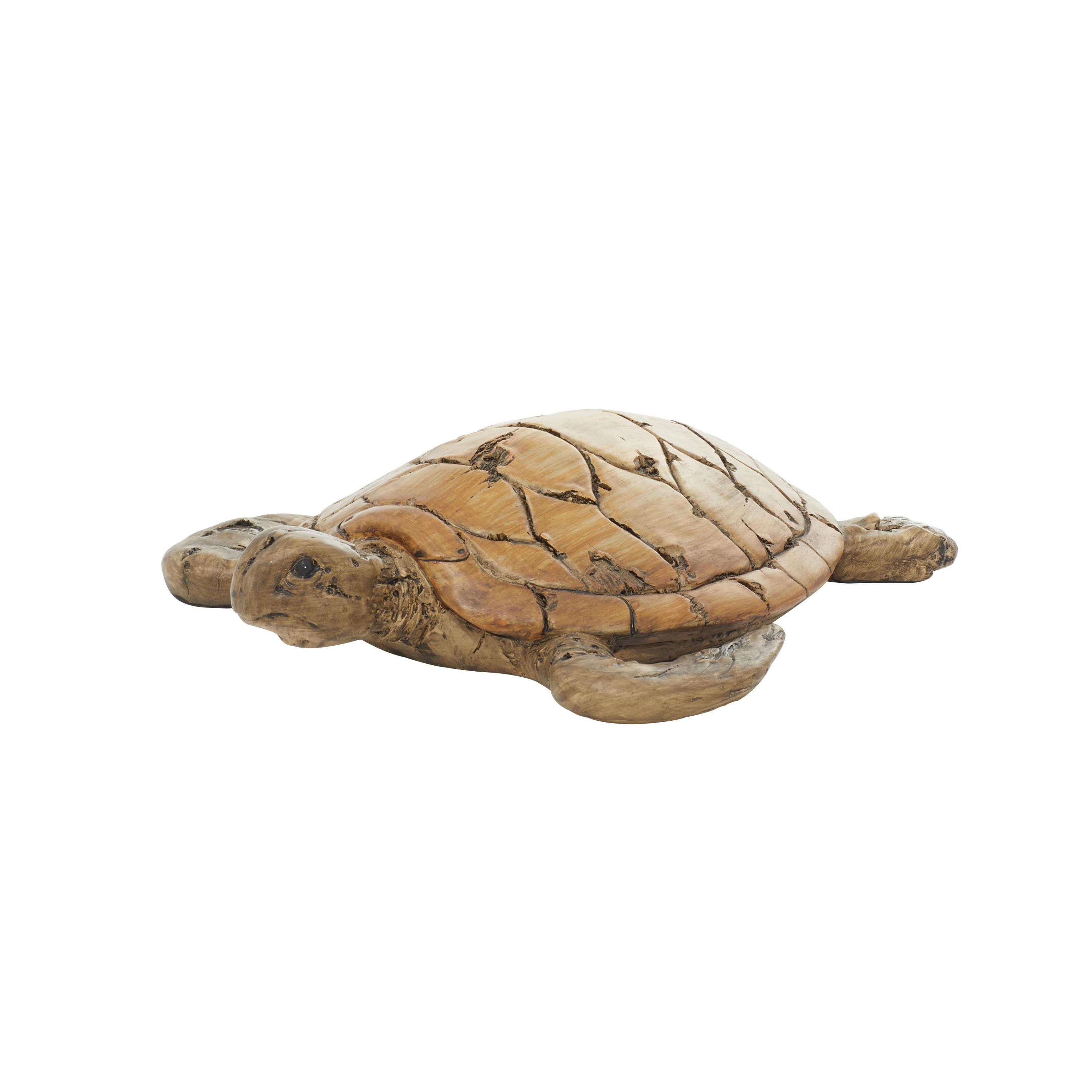 Hand-Carved Brown Wood Coastal Turtle Sculpture