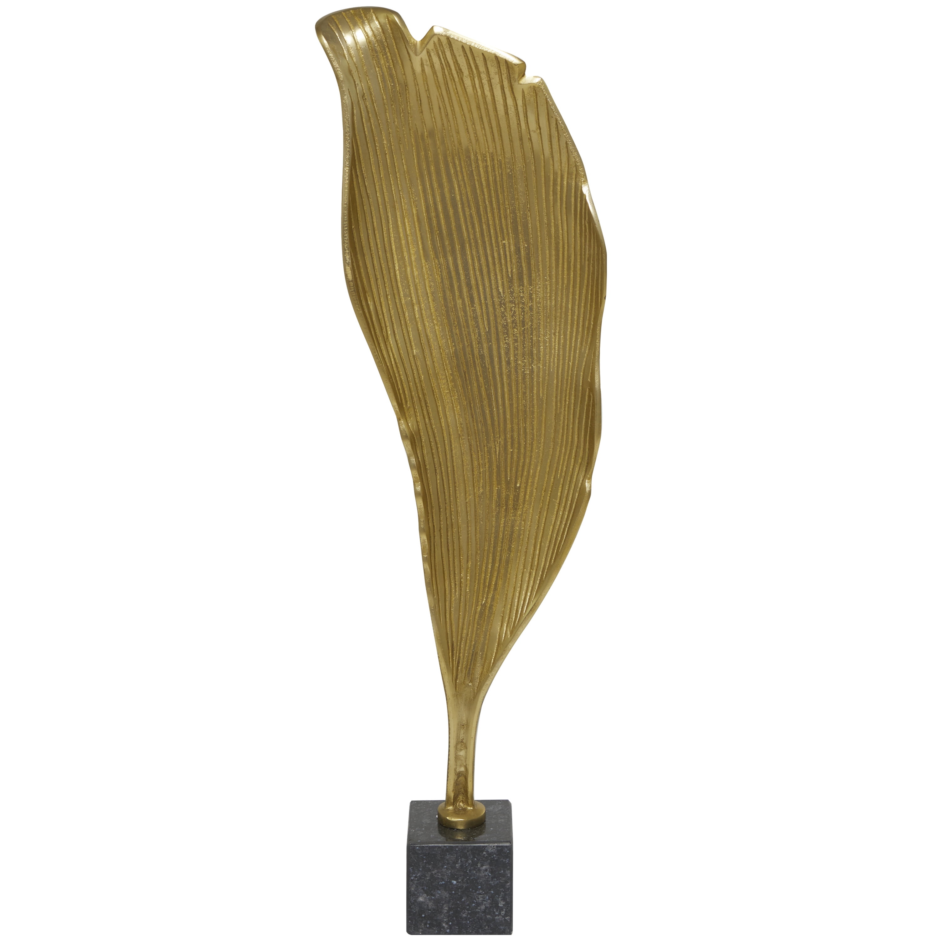 11" x 36" Gold Aluminum Textured Leaf Abstract Sculpture with Black Marble Base, by DecMode
