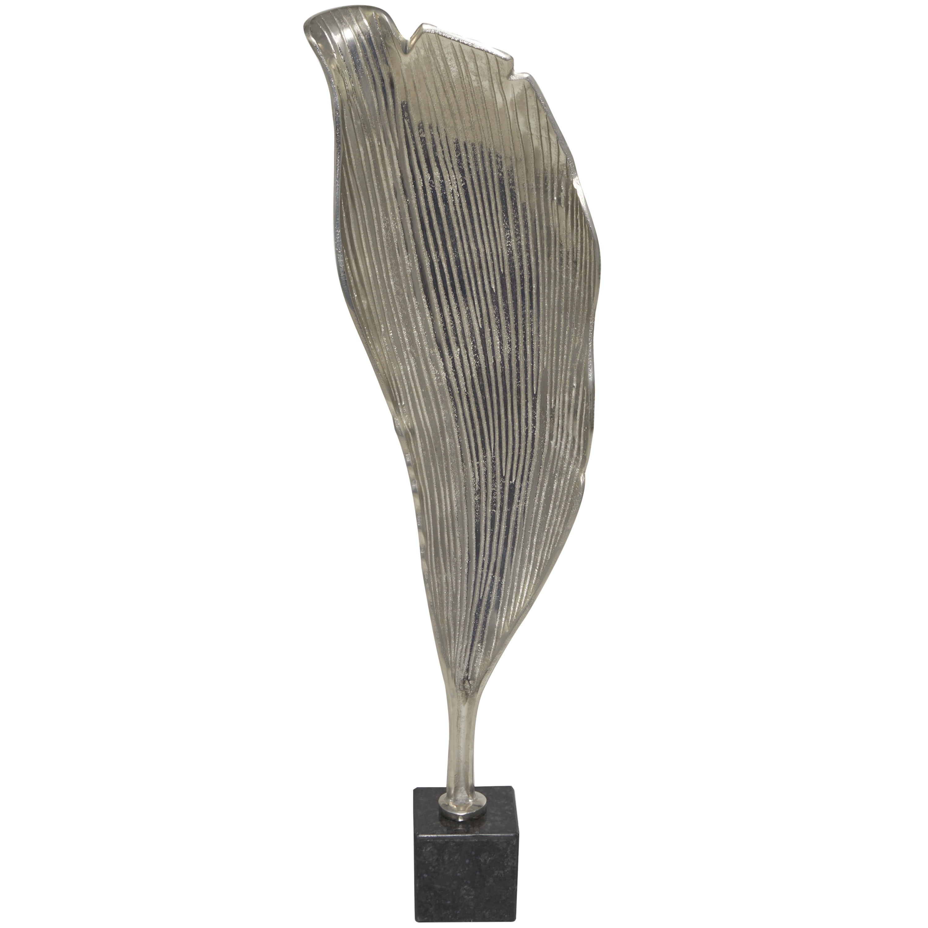 36" Silver Aluminum Textured Leaf Sculpture with Black Marble Base
