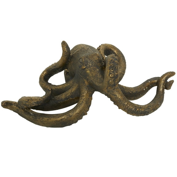 11" x 5" Black Polystone Octopus Sculpture with Long Tentacles and Suctions Detailing, by DecMode