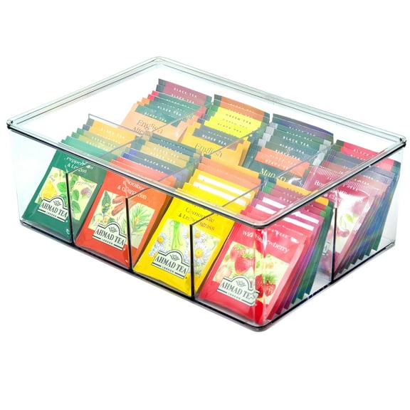 11" x 7.5" x 4" Large Plastic Tea Packet Organizer with Lids, Reusable Food Packet Storage Container Divided into 8 Compartments YE393.396