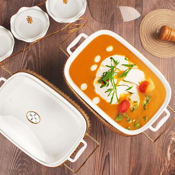 11" x 8" Ceramic Rectangular Casserole Dish with Glass Lid and rack, 1.6 Quart White Serving Soup Tureen, Chafing Dish for Buffet, Family Food Tray, Catering Casserole for Party Style