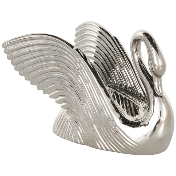 11" x 8" Silver Ceramic Swan Sculpture with Textured Grooves, by DecMode