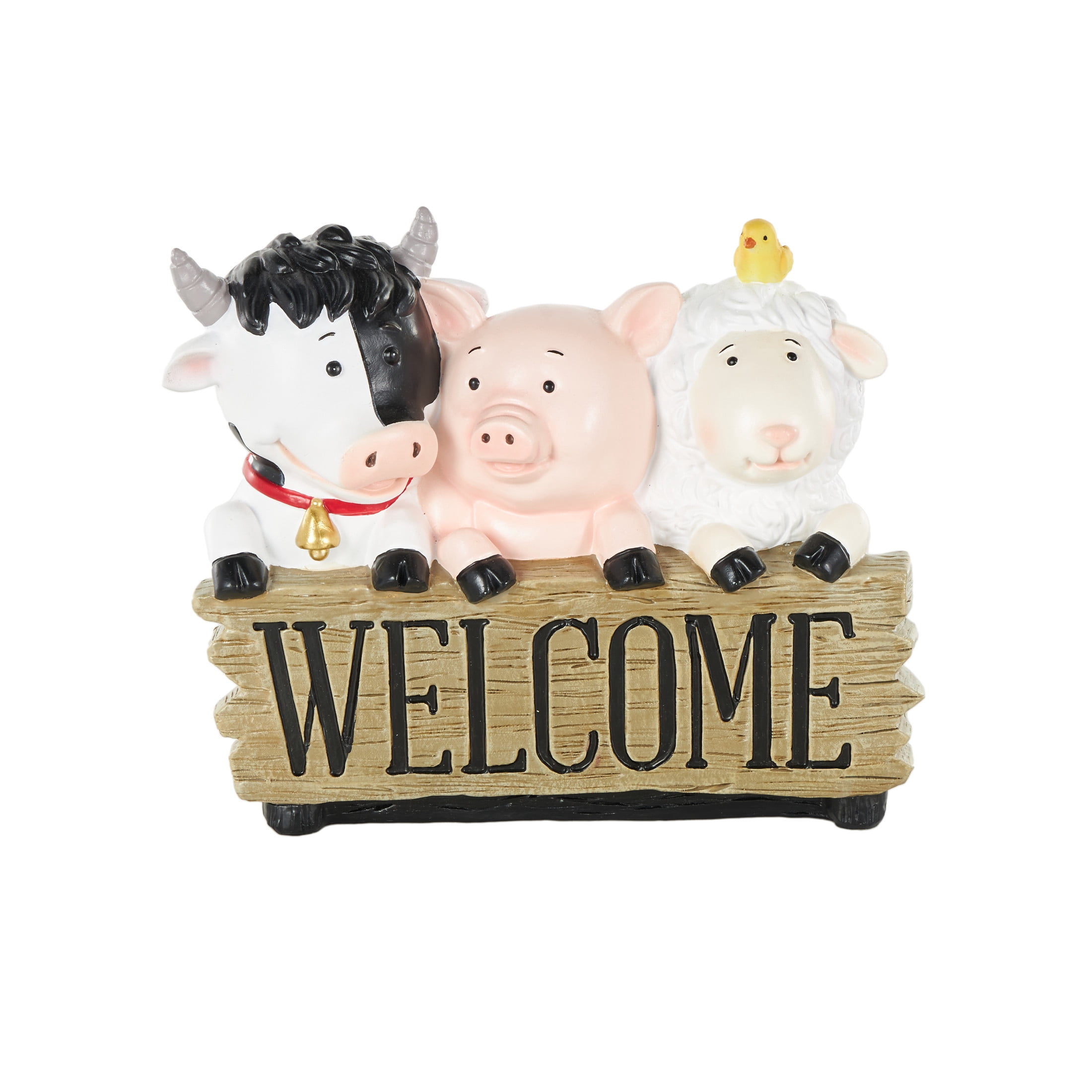 11" x 9" Multi Colored Polystone Farm Animals Sculpture with Brown Welcome Sign, by DecMode