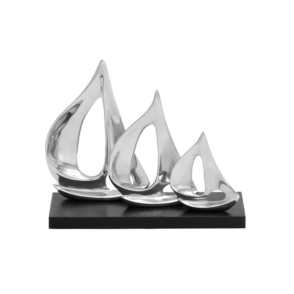 11" x 9" Silver Aluminum Metal Sail Boat Sculpture with Black Base, by DecMode