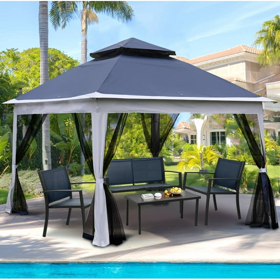 11 x 11 Ft Pop Up Gazebo Screen Tents, 2-Tier Top Pavilion Gazebo Tent, 4-Sided Camping Gazebo Instant Canopy Sun Shelter with Removable Privacy Wind Cloths for Patio, Backyard, Lawn, Blue
