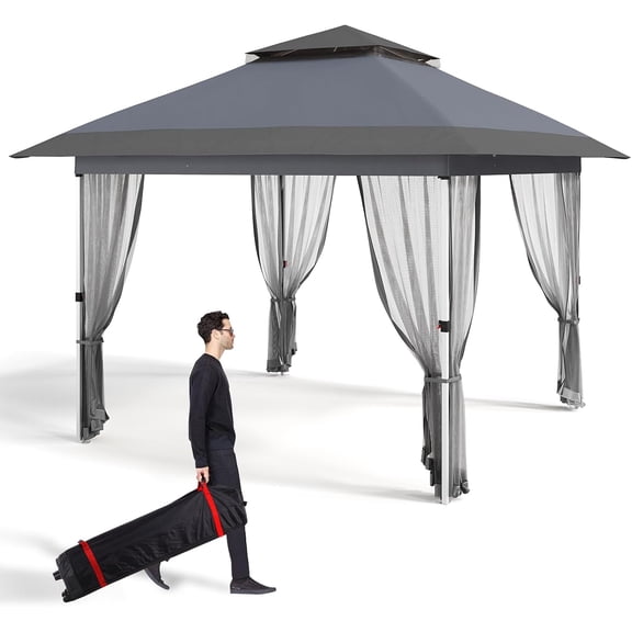 11'x11' Gazebo Canopy Tent with Curtains, Pop Up Outdoor Shelter with Mosquito Netting for Patio, Backyard Party, 2-Tiered Vented Top, 121 Square Feet of Shade, Gray
