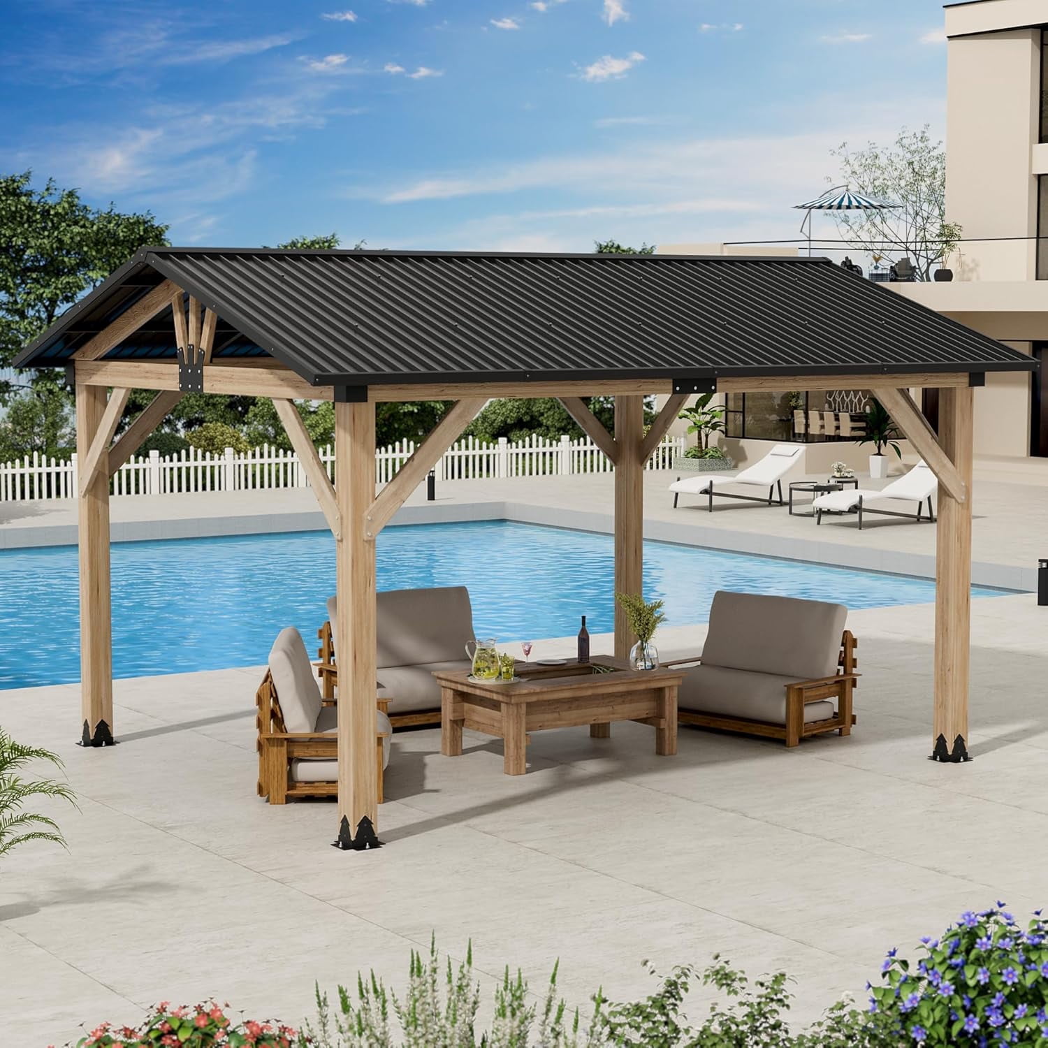 11‘x13’ Outdoor Patio Wooden Gazebo - Cedar Solid Wood Gazebo with Galvanized Steel Roof, Wooden Frame, Pavilion for Lawns, Beach, Patio, Garden (11X13FT)