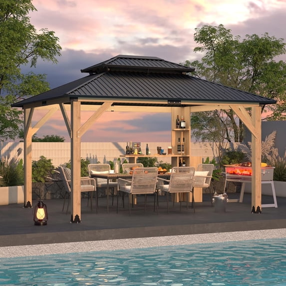 11’x13’ Outdoor Wooden Gazebo - Outdoor Patio Gazebo with Galvanized Steel Double Roof, Cedar Wooden Frame Pavilion with Netting and Curtains, Cabinet Pergolas for Garden, Lawn, Poolside