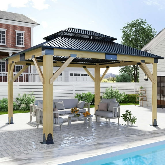 GARTOO 11'x13' Outdoor Wooden Gazebo, Patio Galvanized Steel Gazebo with Double Vented Roof for Garden, Lawn, Poolside, Backyard Deck