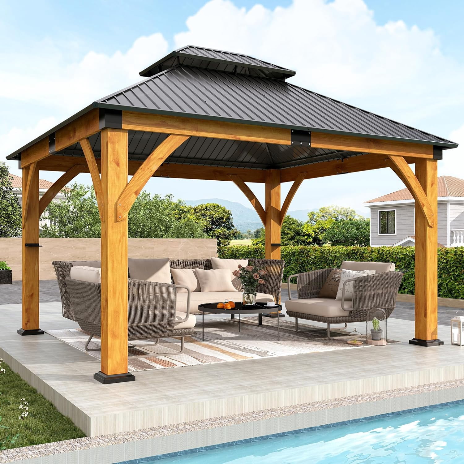 11'x13' Wood Gazebo, Spruce Wood Hardtop Gazebo with 2 Storage Shelves