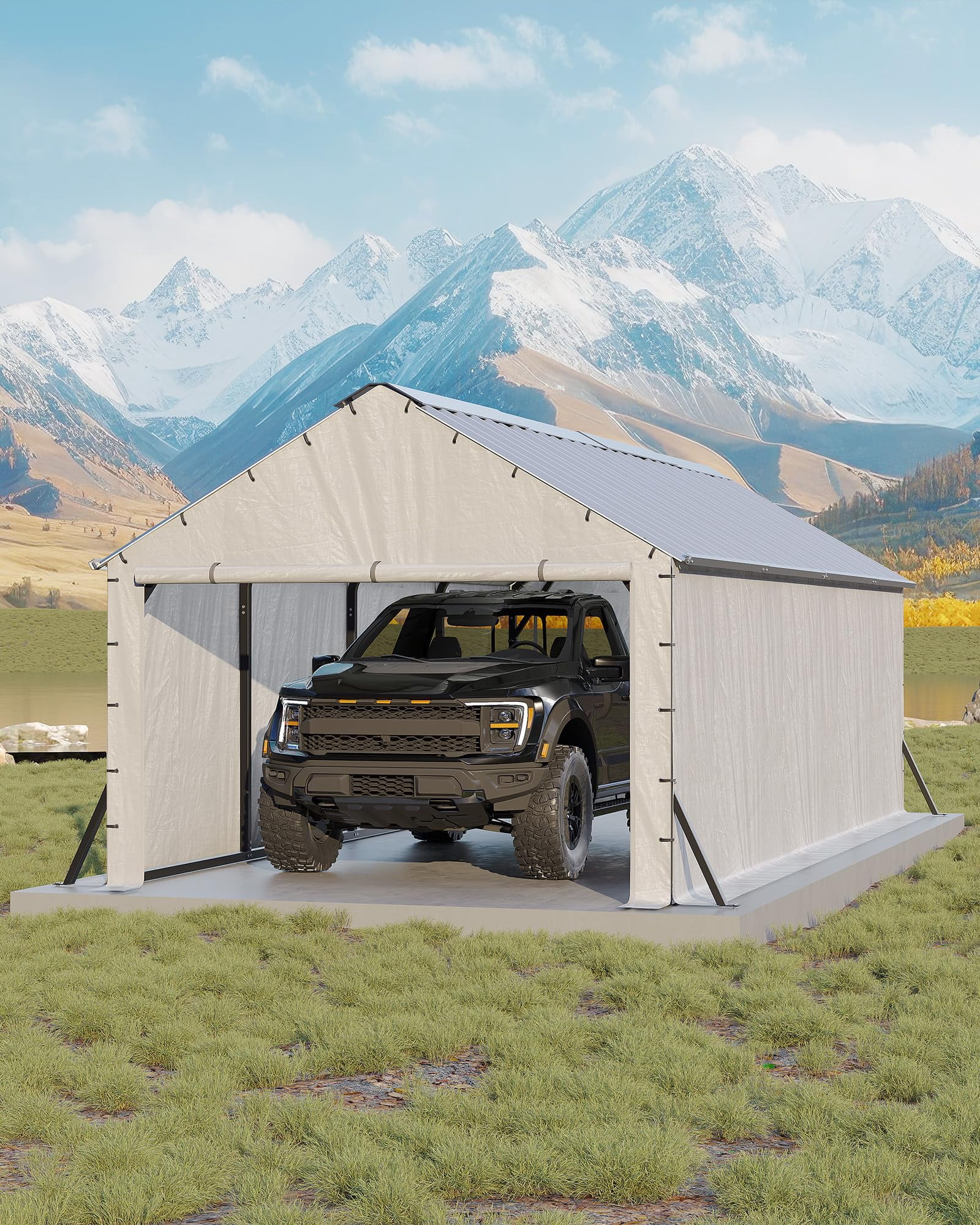 11'x20'x9' Vertical Roof Metal Carport, Enclosed Car Ports with Heavy Duty Steel Frame, for All-Weather, for Full-Size Pickup Trucks, Boats, and Tractors