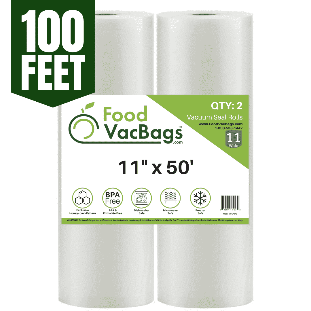 11"x50' FoodVacBags Vacuum Seal Bags Two Rolls (100 feet total) - Food Saver Storage Bags - Seal a Meal Food Storage Bags - Embossed Commercial Grade - Custom Size for Food Storage - Heavy-Duty