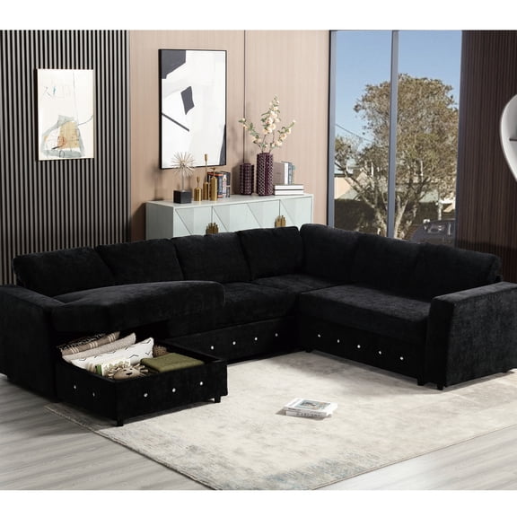 110.17" Sectional With Substantial Storage Capacity, Chenille Upholstery, Crystal Button Detail, Modern U Shape, Black For Home Use Abundant Living Room