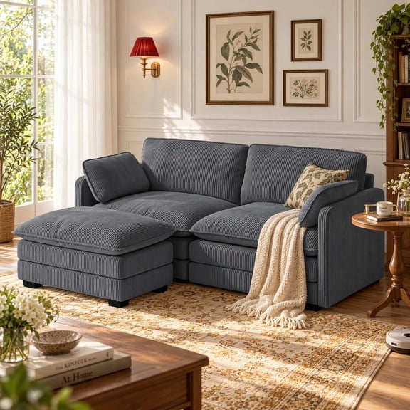 Lofka L Shaped Couch, Modular Sectional Cloud Couch with Ottoman, 3 Corduroy Deep Seat Sofa with Pillow for Living Room, Dark Gray