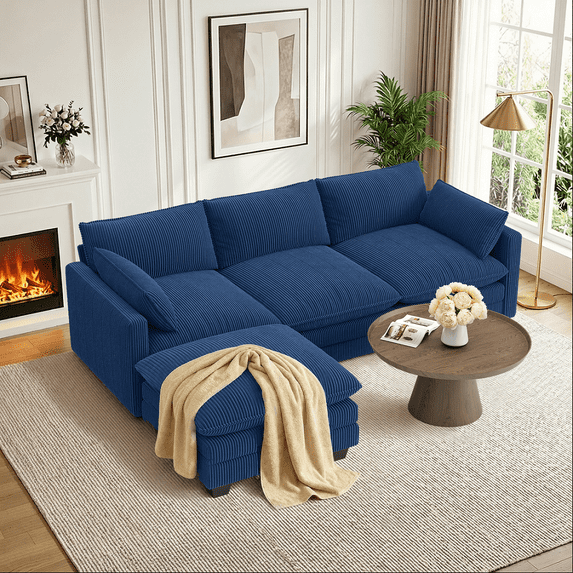 110.2" Cloud Couch, Lofka Sectional Couch with Ottoman, Upholstered Couches for Living Room Bedroom,Blue(Plush Corduroy Fabric)