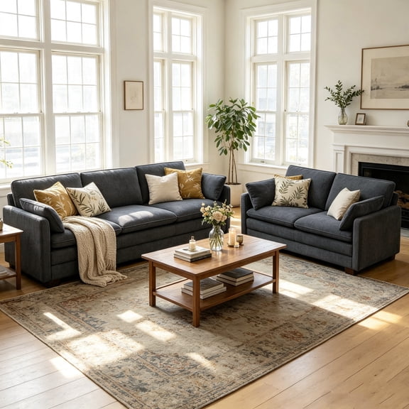 Sofa Set, Lofka 110.2" Cloud Couch and Loveseat, Modern Living Room Furniture Set, Corduroy Upholstered Couches for Living Room Bedroom, Dark Gray