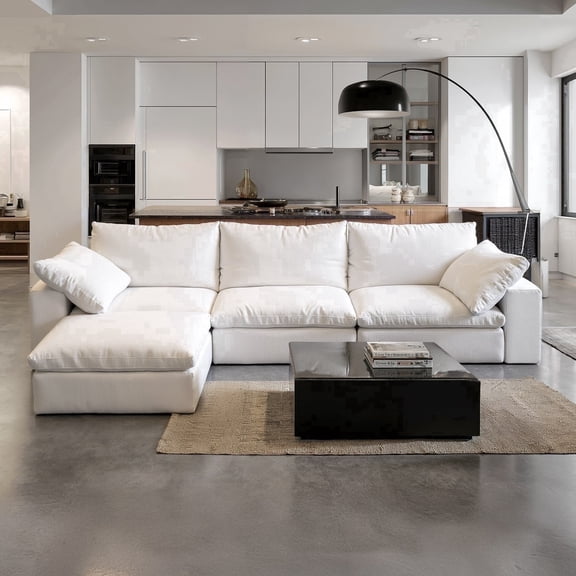 Vorthio 110.2" Oversized Deep Seat Modular Cloud Couch, L-Shaped White Sofa with Memory Foam and Storage Ottoman for Living Room