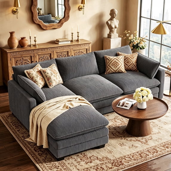 110.2" Cloud Sectional Couch with L-Shape Chaise,Lofka Modern Modular Sofa with Deep Seat, Upholstered Couches for Living Room Bedroom, Gray (Plush Corduroy Fabric)
