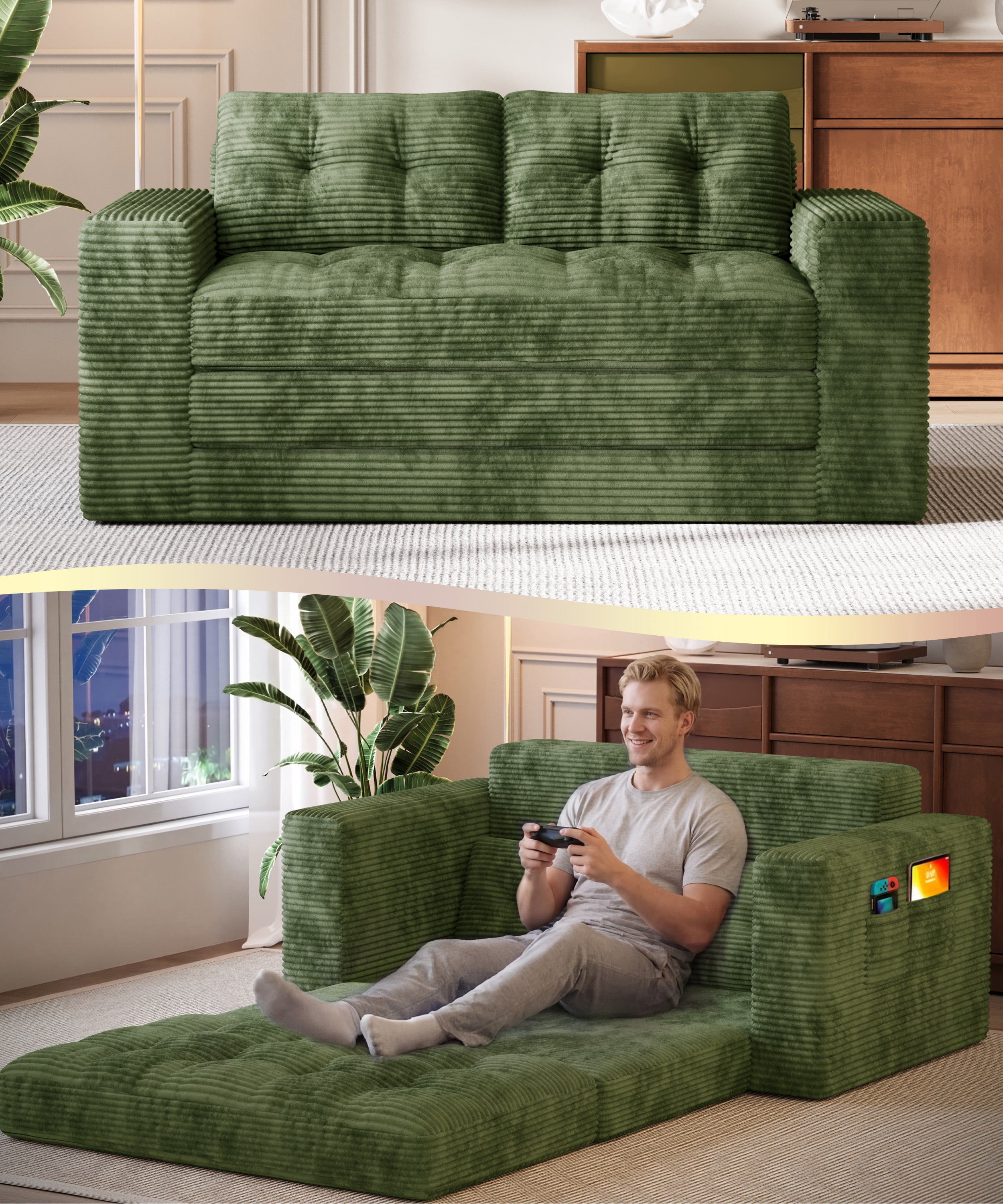 Boneless Convertible Floor Sofa Bed, Lofka 59" Folding Loveseat Couch for Small Spaces, Corduroy 2 Seater Lounge Sleeper with 2 Pillows & Pockets for Living Room, No Assembly, Green