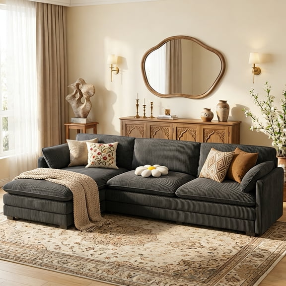 110.2" Cloud Sectional Couch with L-Shape Chaise,Lofka Modern Modular Sofa with Deep Seat, Upholstered Couches for Living Room Bedroom, Gray (Plush Corduroy Fabric)