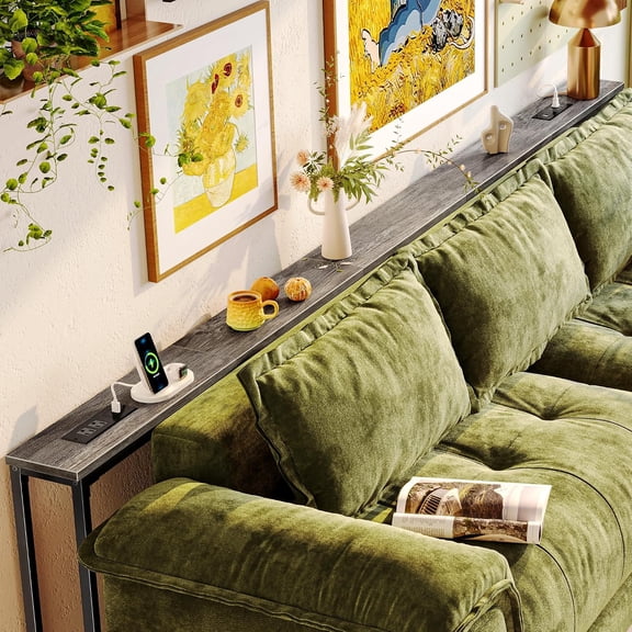 110.2 Inch Behind Couch Table with 2 Power Outlets and USB-C Ports, Extra Long Narrow Sofa Table for Sectional Sofa, Skinny Console Table with Anti-Bump Pads, for Living Room, Grey
